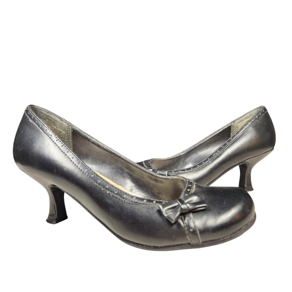 Y2K Black Leather Bow Kitten Heels Round Toe Coquette Dark Academia Whimsigoth 6